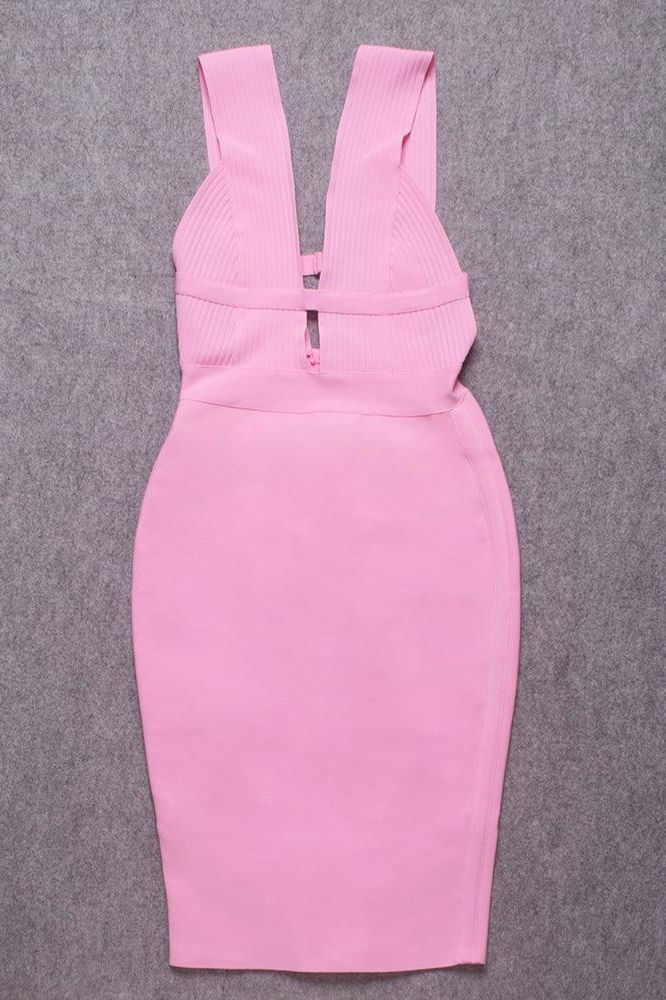 Blush Pink Bandage Deep V-Neck Ribbed Bodice Cut Out Midi Dress