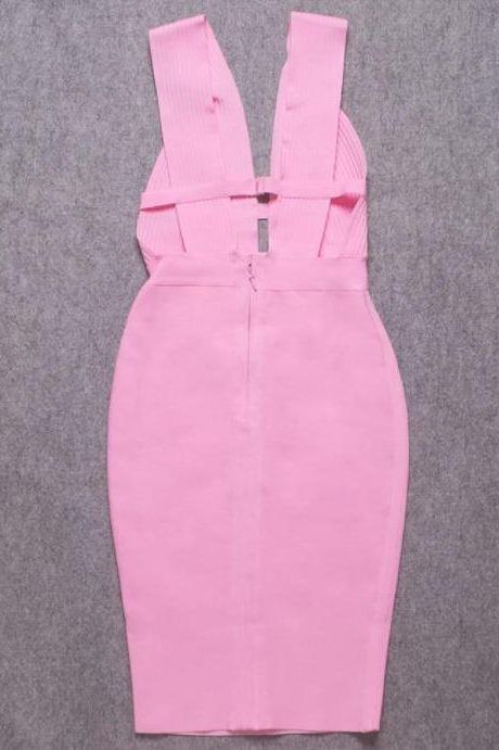 Blush Pink Bandage Deep V-Neck Ribbed Bodice Cut Out Midi Dress