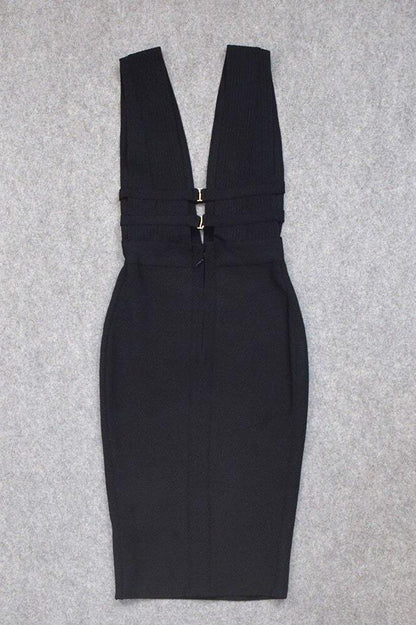 Classic Black Bandage Deep V-Neck Ribbed Bodice Cut Out Midi Dress