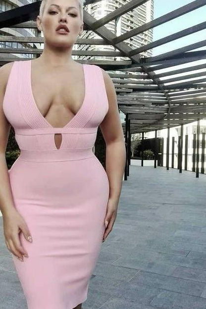 Classic Black Deep V-Neck Bandage Bodice Cut Out Strap Bodycon Midi Dress