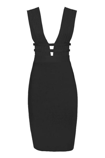 Classic Black Deep V-Neck Bandage Bodice Cut Out Strap Bodycon Midi Dress