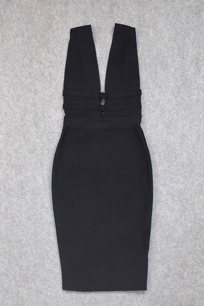Classic Black Bandage Deep V-Neck Ribbed Bodice Cut Out Midi Dress
