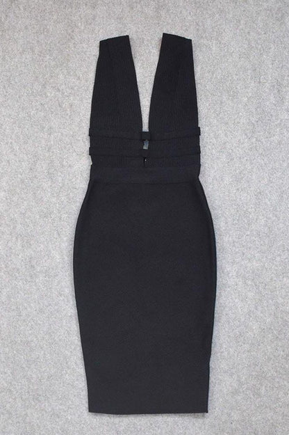 Classic Black Bandage Deep V-Neck Ribbed Bodice Cut Out Midi Dress