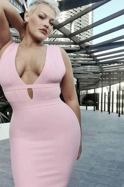 Classic Black Deep V-Neck Bandage Bodice Cut Out Strap Bodycon Midi Dress