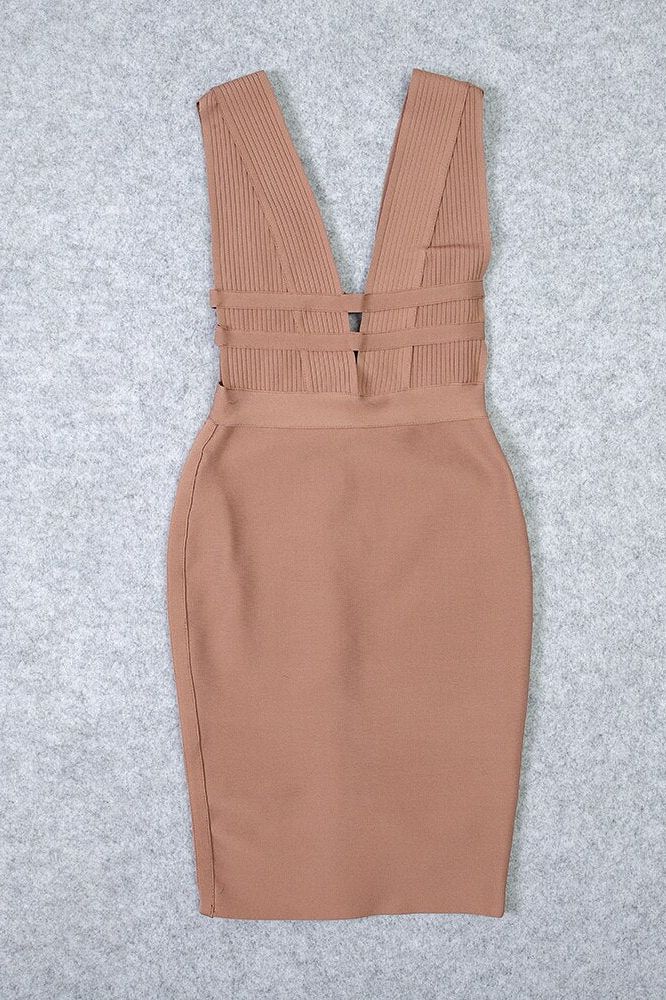 Nude Bandage Deep V-Neck Ribbed Bodice Cut Out Midi Dress