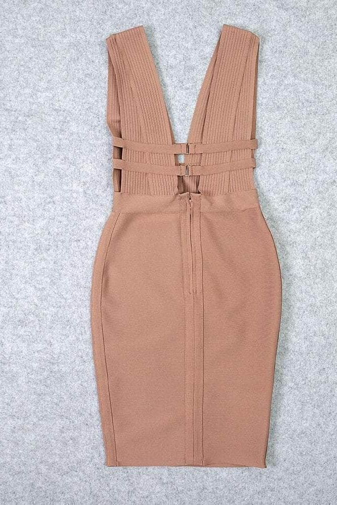 Nude Deep V-Neck Ribbed Midriff Cut Out Bandage Bodycon Midi Dress