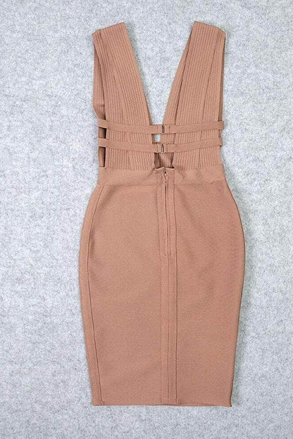 Nude Deep V-Neck Ribbed Midriff Cut Out Bandage Bodycon Midi Dress