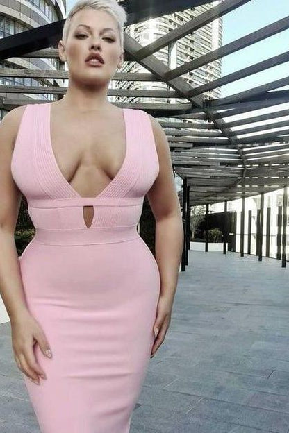 Pearl White Deep V-Neck Ribbed Cage Cut Out Bandage Bodycon Midi Dress