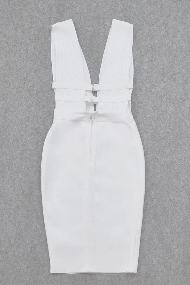 Pearl White Deep V-Neck Ribbed Cage Cut Out Bandage Bodycon Midi Dress