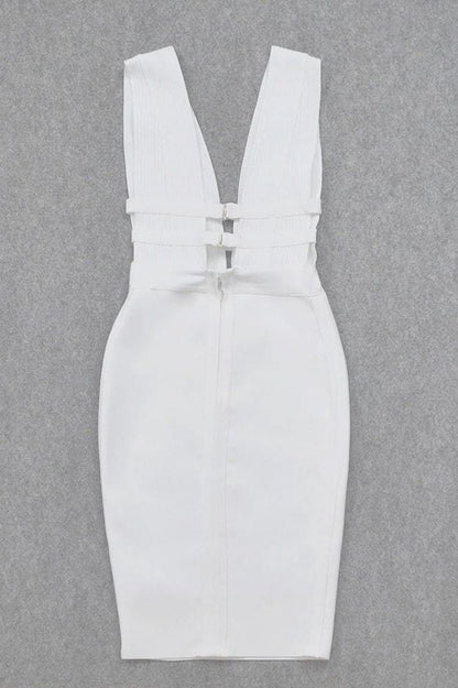 Pearl White Bandage Deep V-Neck Ribbed Bodice Cut Out Midi Dress