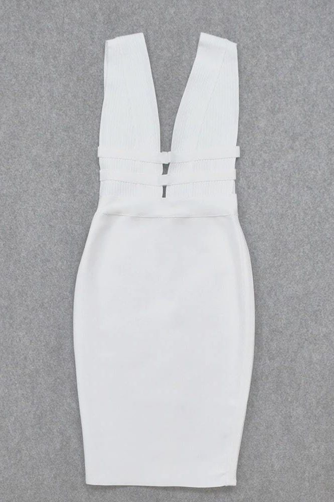 Pearl White Deep V-Neck Ribbed Cage Cut Out Bandage Bodycon Midi Dress