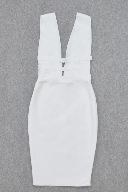 Pearl White Deep V-Neck Ribbed Cage Cut Out Bandage Bodycon Midi Dress
