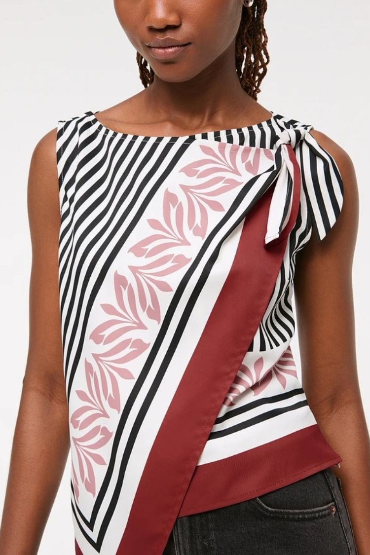 Gracie Unique Print Knotted Scarf Top and Elastic Waist Pocketed Loose Pants Set