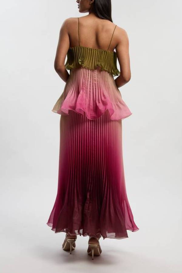 Exquisite Pleated Organza Gradient Print Layered Ruffles Slip Maxi Dress
