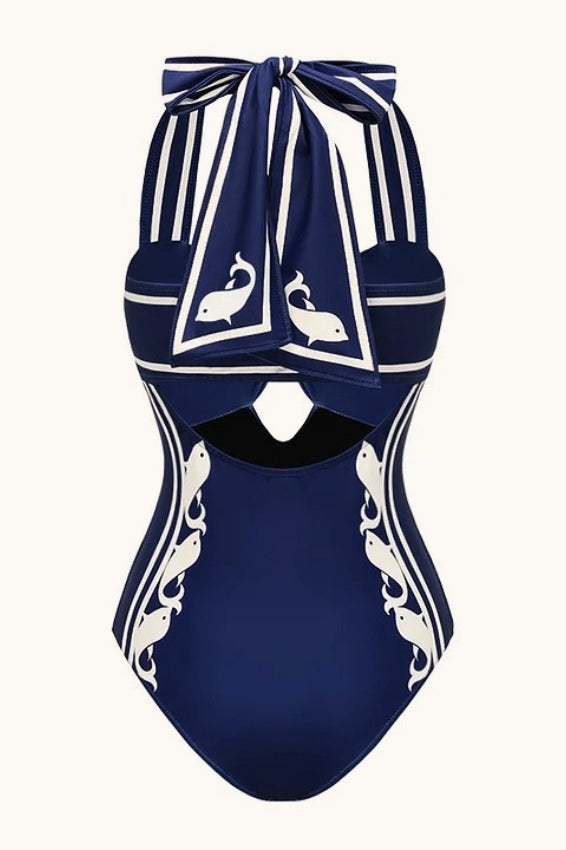 Navy Halter Strappy High Waist One Piece Swimwear