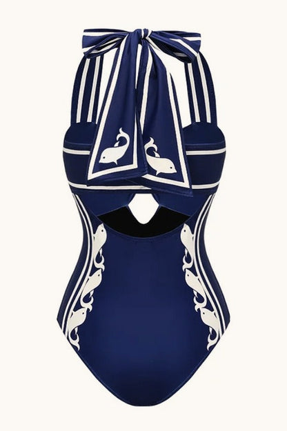 Navy Halter Strappy High Waist One Piece Swimwear