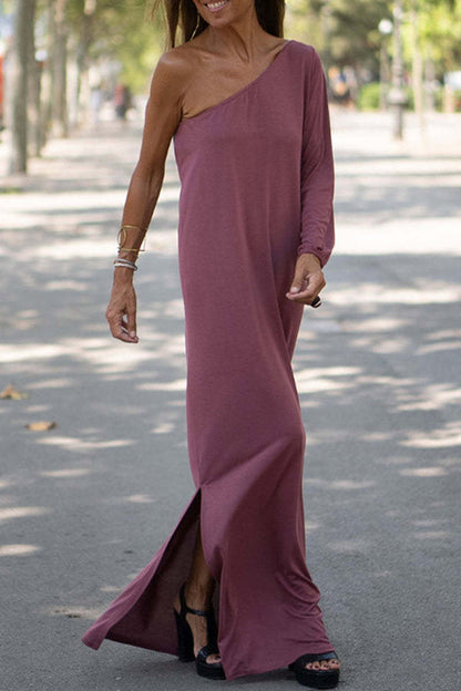 One Shoulder Long Bishop Sleeve Side Slit Flowy Maxi Dress