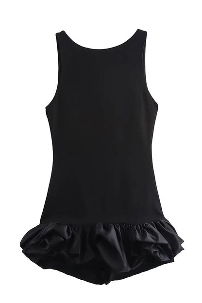 High Neck Sleeveless Sculpted Ruffle Bubble Hem Mini Dress