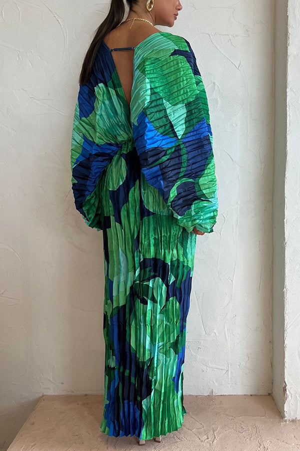 Abstract Floral Print Pleated Deep V-Neck Balloon Sleeve High Split Maxi Dress