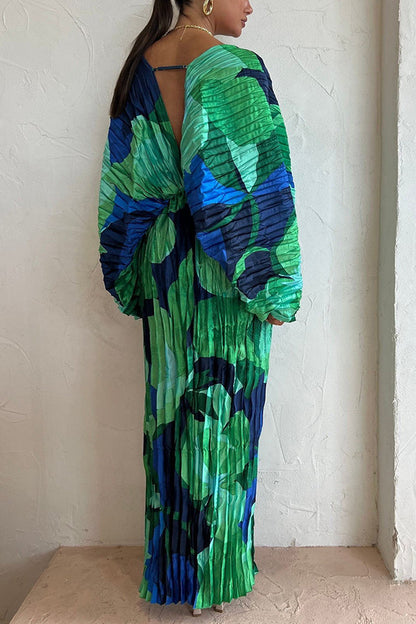 Abstract Floral Print Pleated Deep V-Neck Balloon Sleeve High Split Maxi Dress