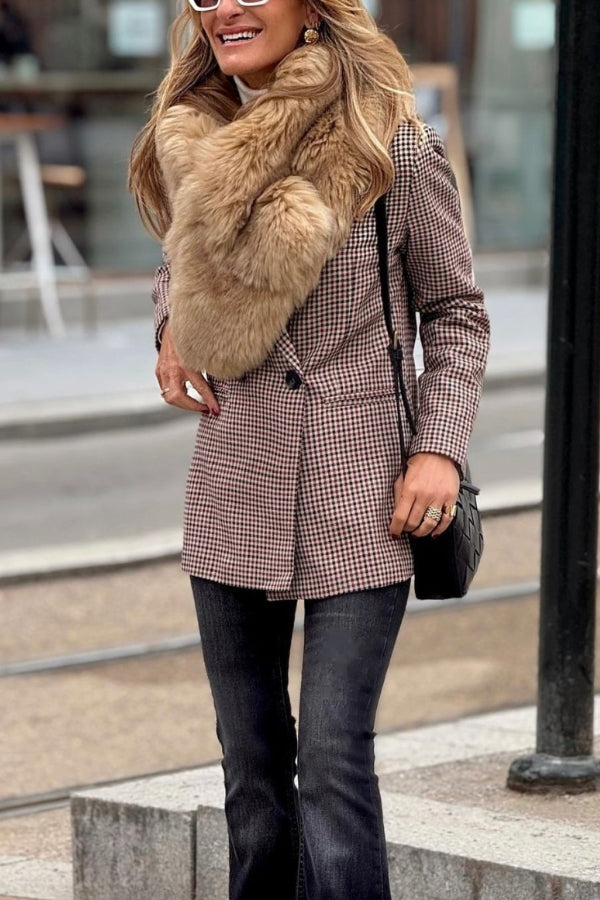 Burgundy checked double-breasted jacket with black double buttons