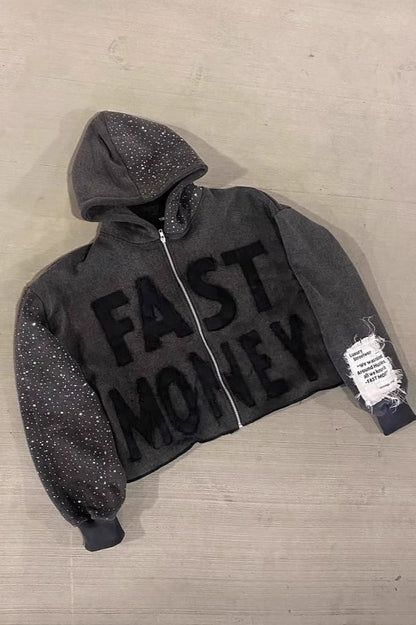 Rhinestone Text Pullover Hoodie