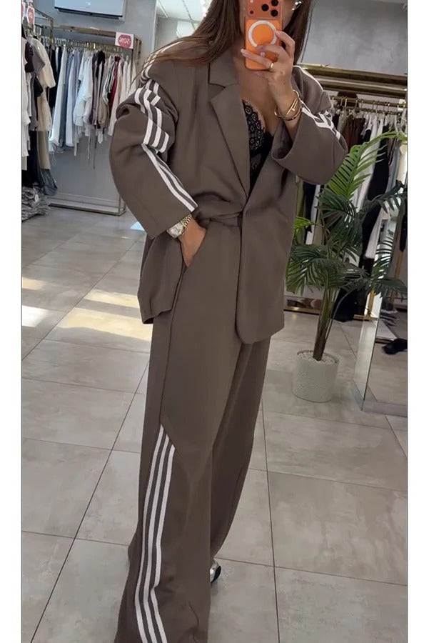 Fashionable Sporty Stripes Long Sleeve Oversized Blazer and Elastic Waist Pocket Jogger Set