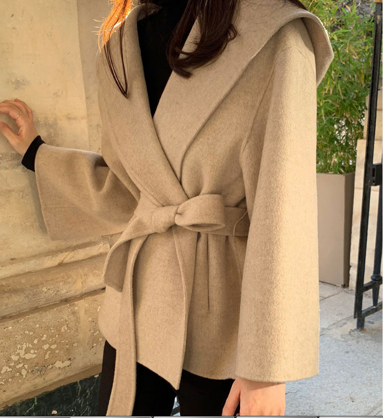 Chic Brown Woolen Hooded Overcoat