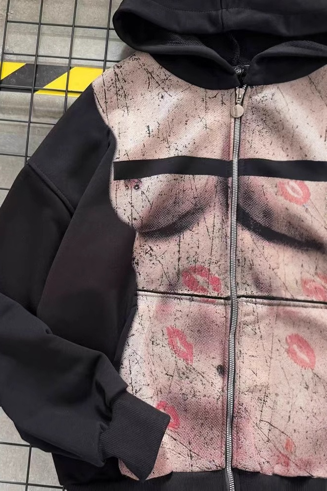 Harajuku Kiss Print Zip Long Sleeve Hoodie