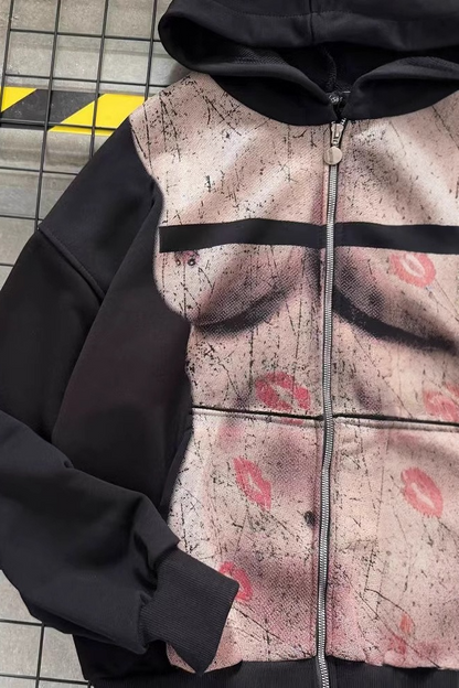 Harajuku Kiss Print Zip Long Sleeve Hoodie