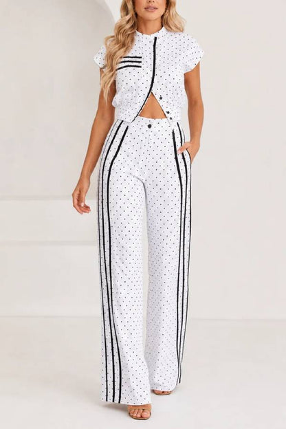 Sporty Polka Dot Striped Print Short Sleeve Jacket and High Rise Elastic Waist Wide Leg Pants Set