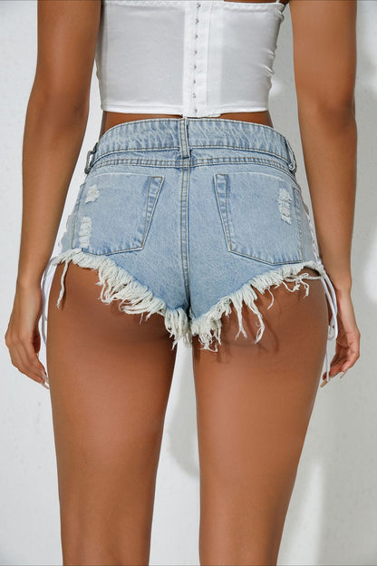 High Waist Distressed Drawstring Denim Casual Shorts