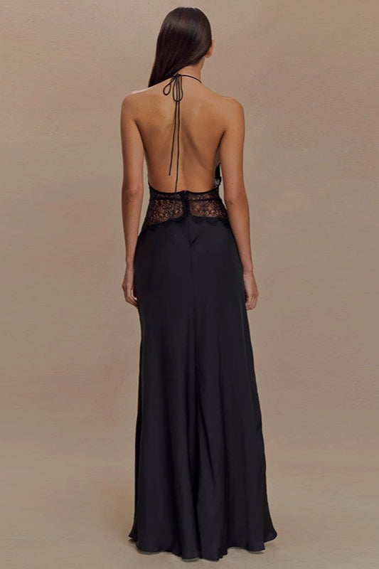 Lace V Neck Backless Cami Long Formal Dress