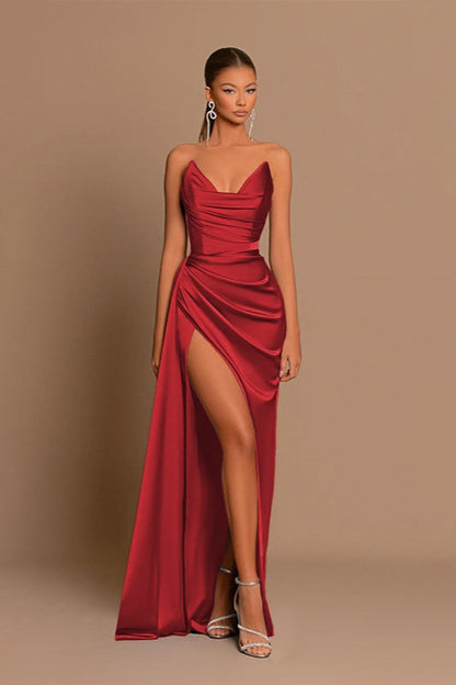 Satin Deep V Corset Slit Formal Dress