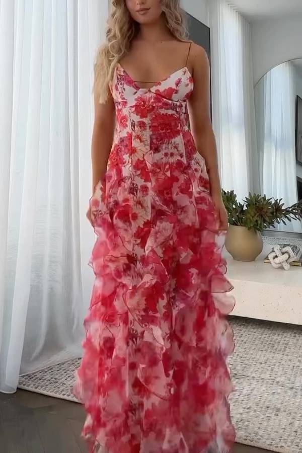 Spaghetti Strap Floral Print Tiered Slit Maxi Dress