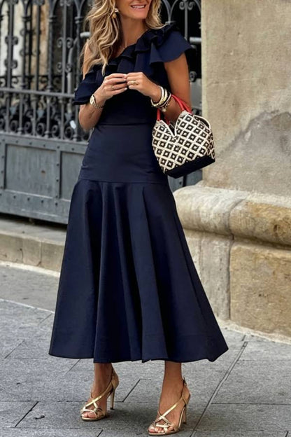 One-Shoulder Ruffled Waist-Tiered Midi Dress