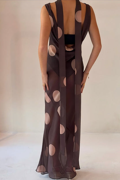 Sheer Mesh Polka Dot Scarf Collar Boat Neck Maxi Dress