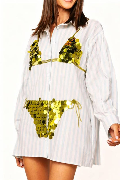 Vacation Vibe Gold Sequin Bikini Pattern Blue & White Stripe Button Up Pocket Tunic