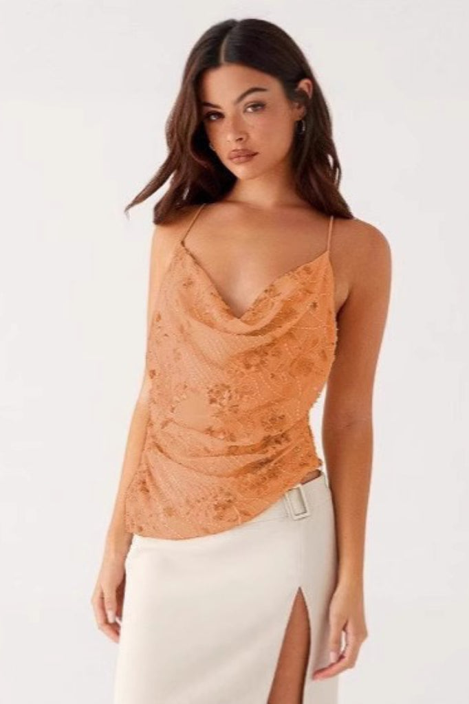 Printed Sequin Back Tie Tank Top