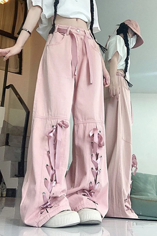 Pink Bow Tie Wide Leg Cargo Jeans