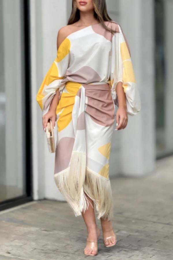 One Shoulder Tassel Satin Two Piece Set