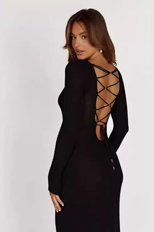 Knit Backless Tie Waist Long Sleeve Bodycon Dress