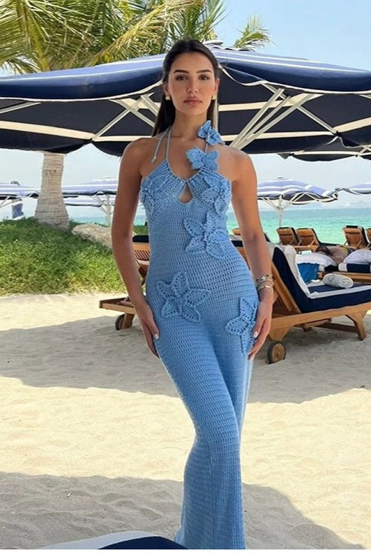Cut-Out Halter Appliqué Fitted Bodycon Maxi Sweater Dress