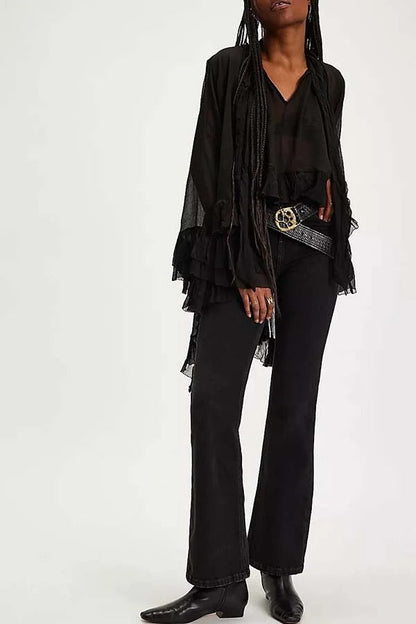 Flowy See-through Ruffle Tie-up Neck Bell Sleeve High-low Hem Cape Shirt