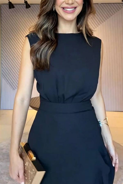Moon Night Chiffon Crew Neck Sleeveless Irregular Layered Hem Maxi Dress