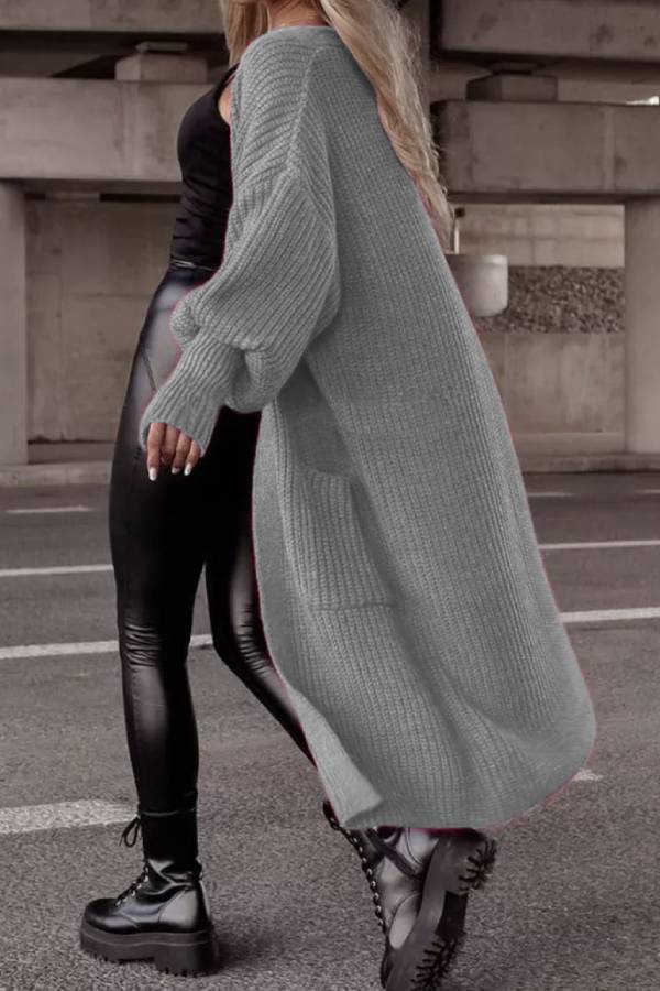 Lantern sleeve loose long knit cardigan