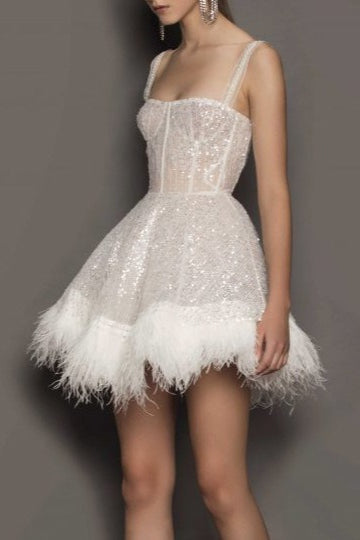 Feather Sequin Tube Top Spaghetti Strap Sequin Dress
