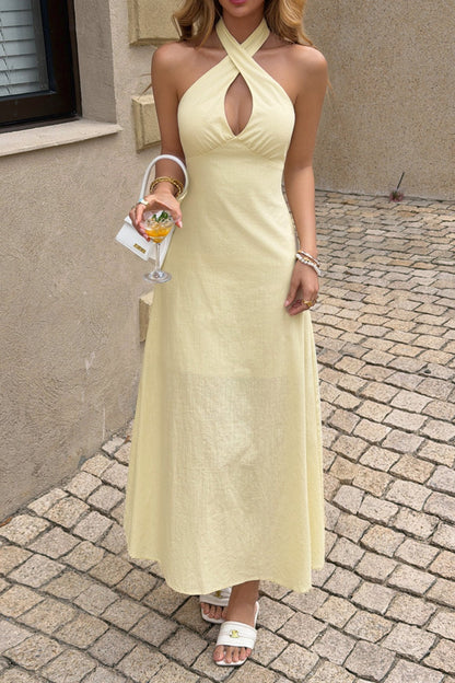Crisscross Halter Fitted Waist Maxi Dress