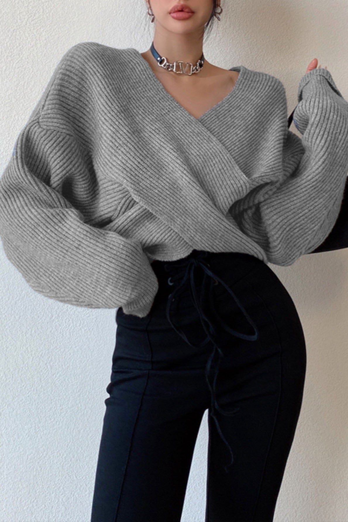 Off Shoulder Cross Front Cropped Sweater