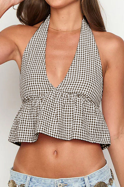Deep V Halter Backless Checkered Halter Top